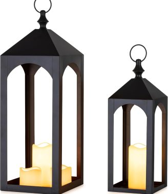 Large Outdoor Lanterns for Porch: 23" & 17" Set of 2 Floor Lantern Decorative Indoor Candle Holder for Fireplace Front Porch Patio Modern Home Decor
